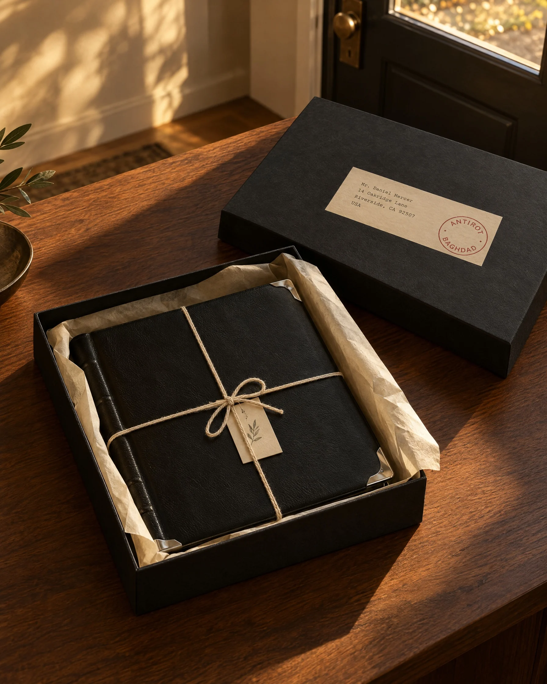 A black box by the front door with the album inside, tied with twine.
