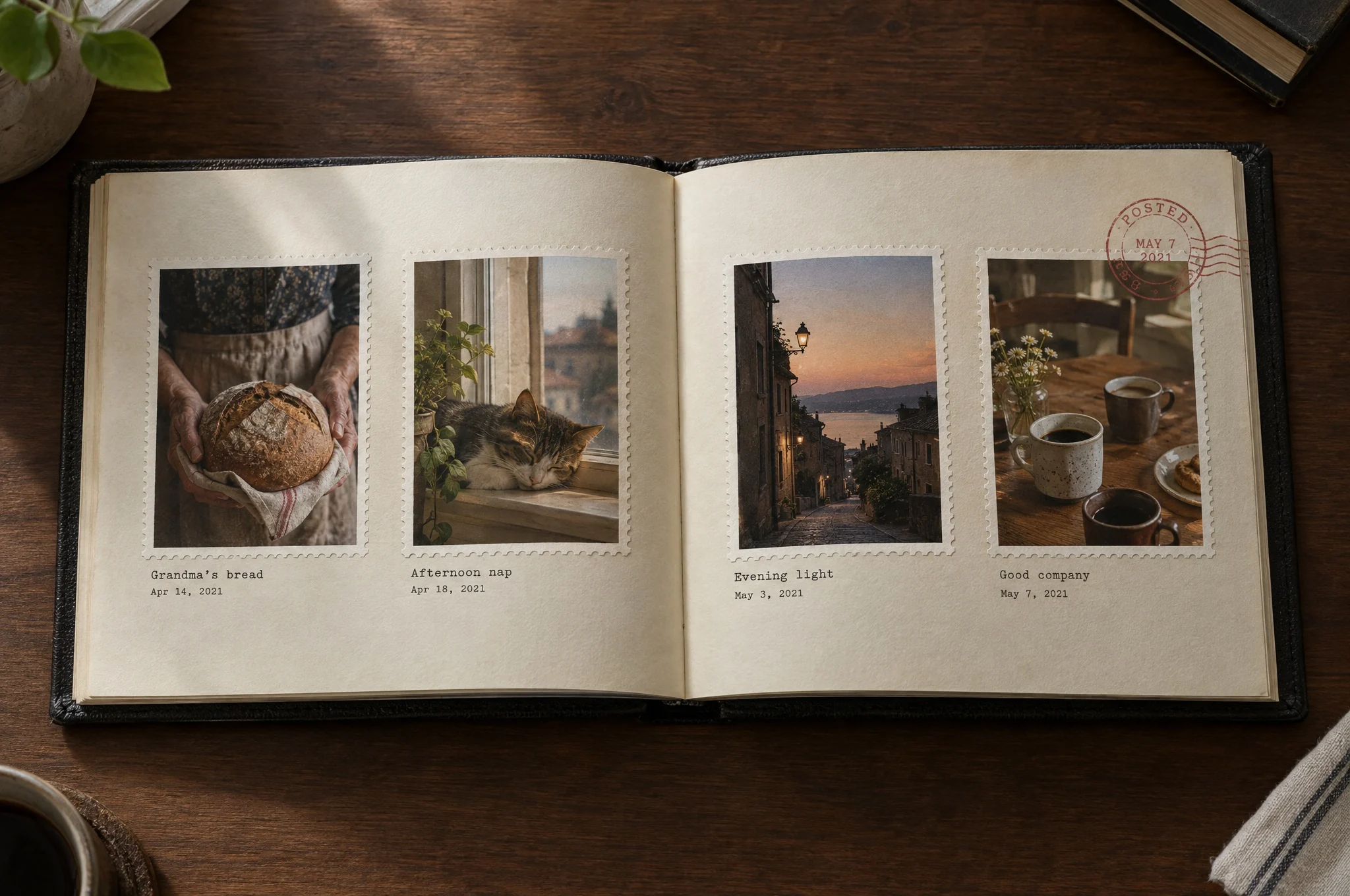 The album open: photos printed as stamps, each with a typed caption and date.
